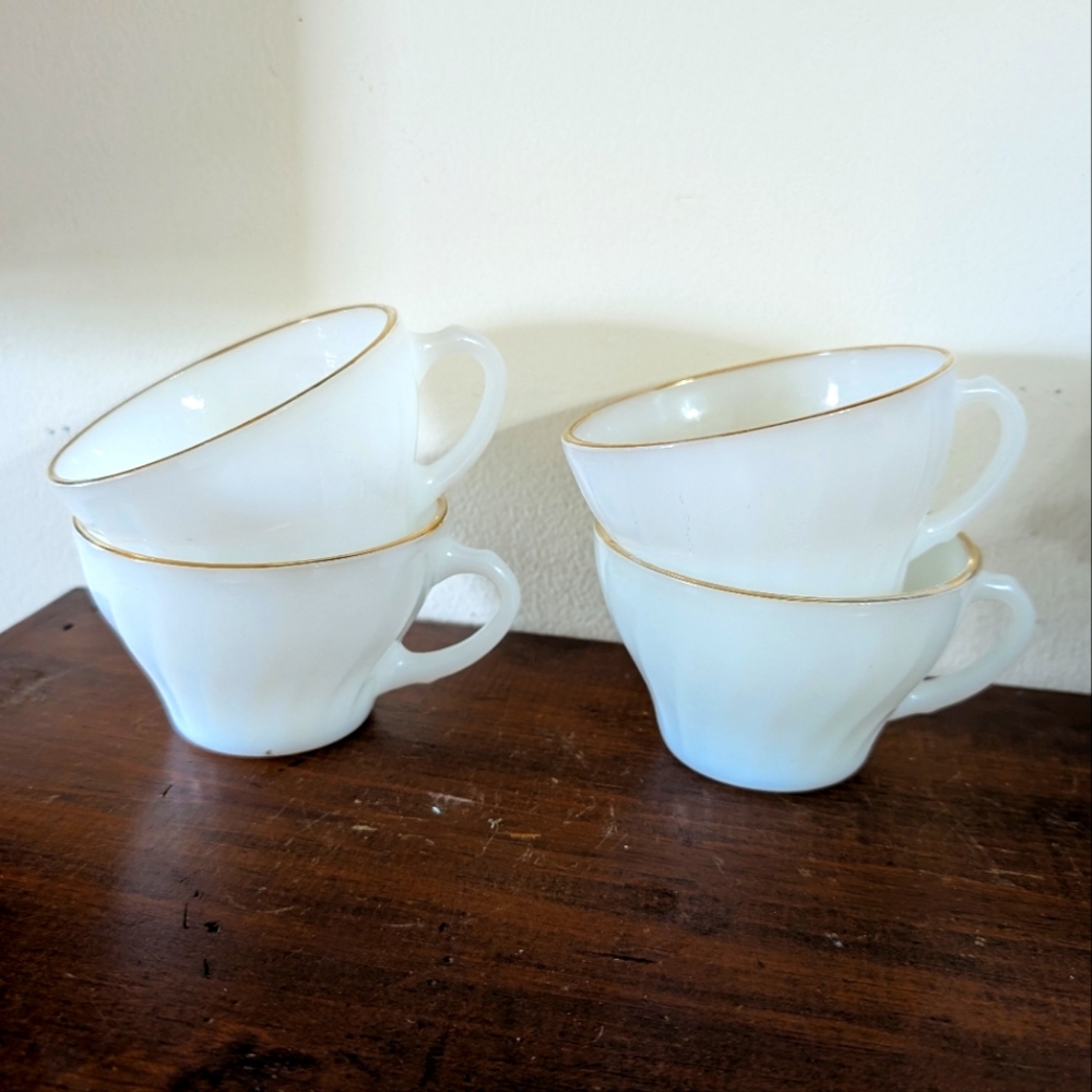 Anchor Hocking Fire King Swirl Pattern White Teacup Set 4 Gold Trim Vintage MCM